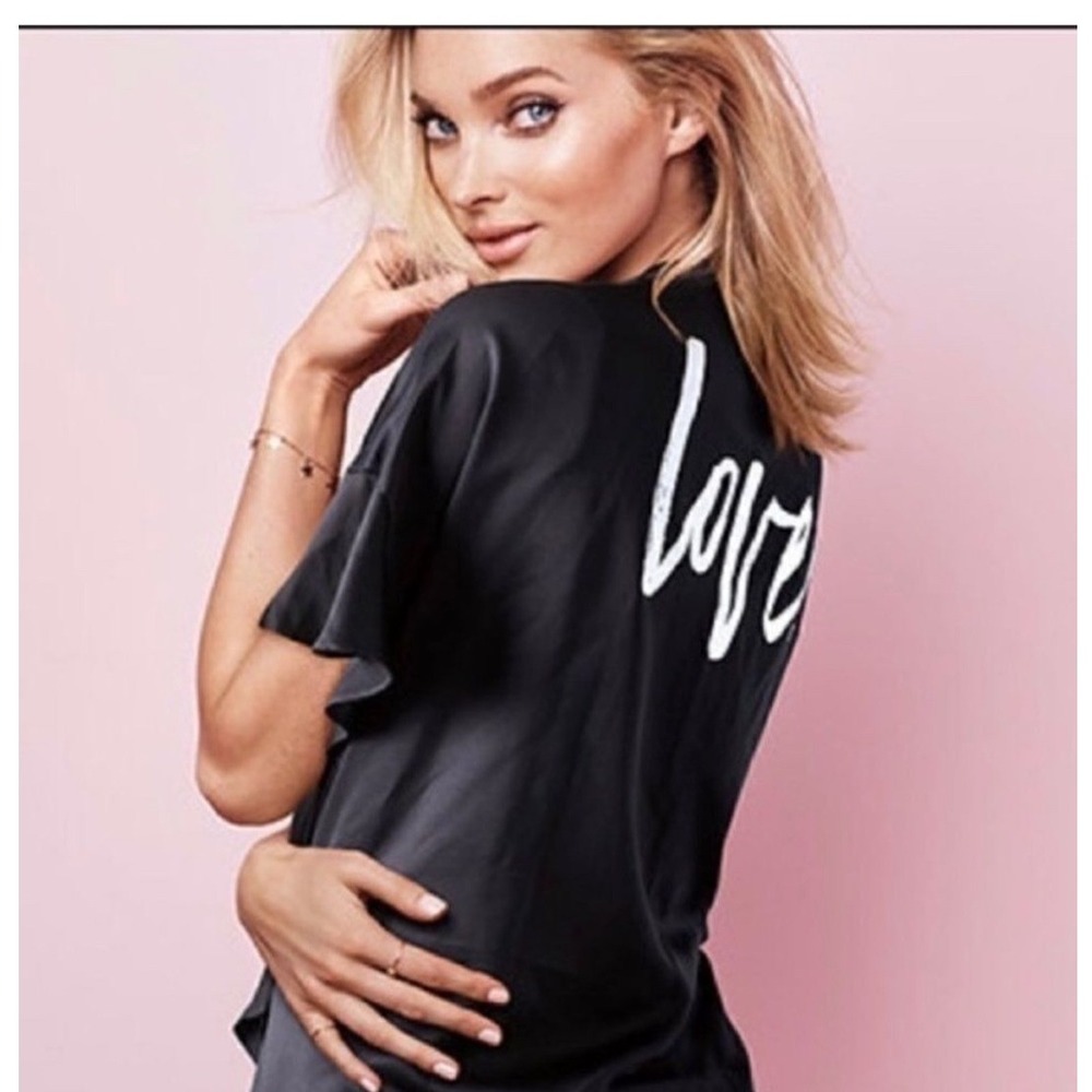 Victoria's Secret Black Satin Love Graphic Kimono Robe One Size Lingerie Boudoir